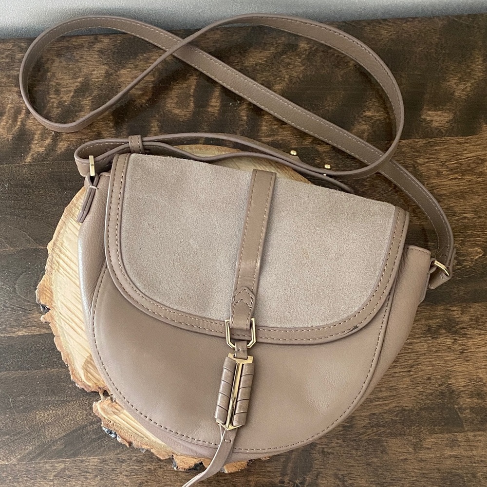 Stella & Dot Taupe Leather and Suede Crossbody Saddle Bag